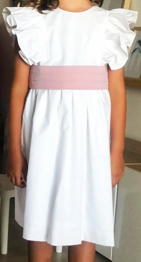 Vestido Branco cerimonia folhos (cor de faixa opcional)